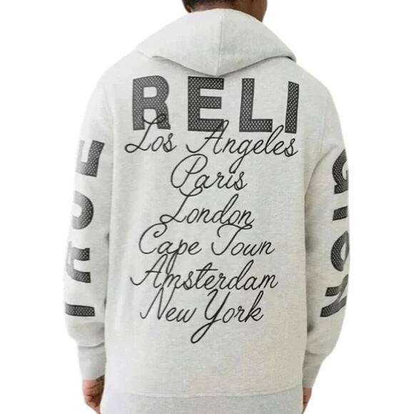 True Religion World Tour Hoodie Size Small Gray Cities Print Sweatshirt NWT